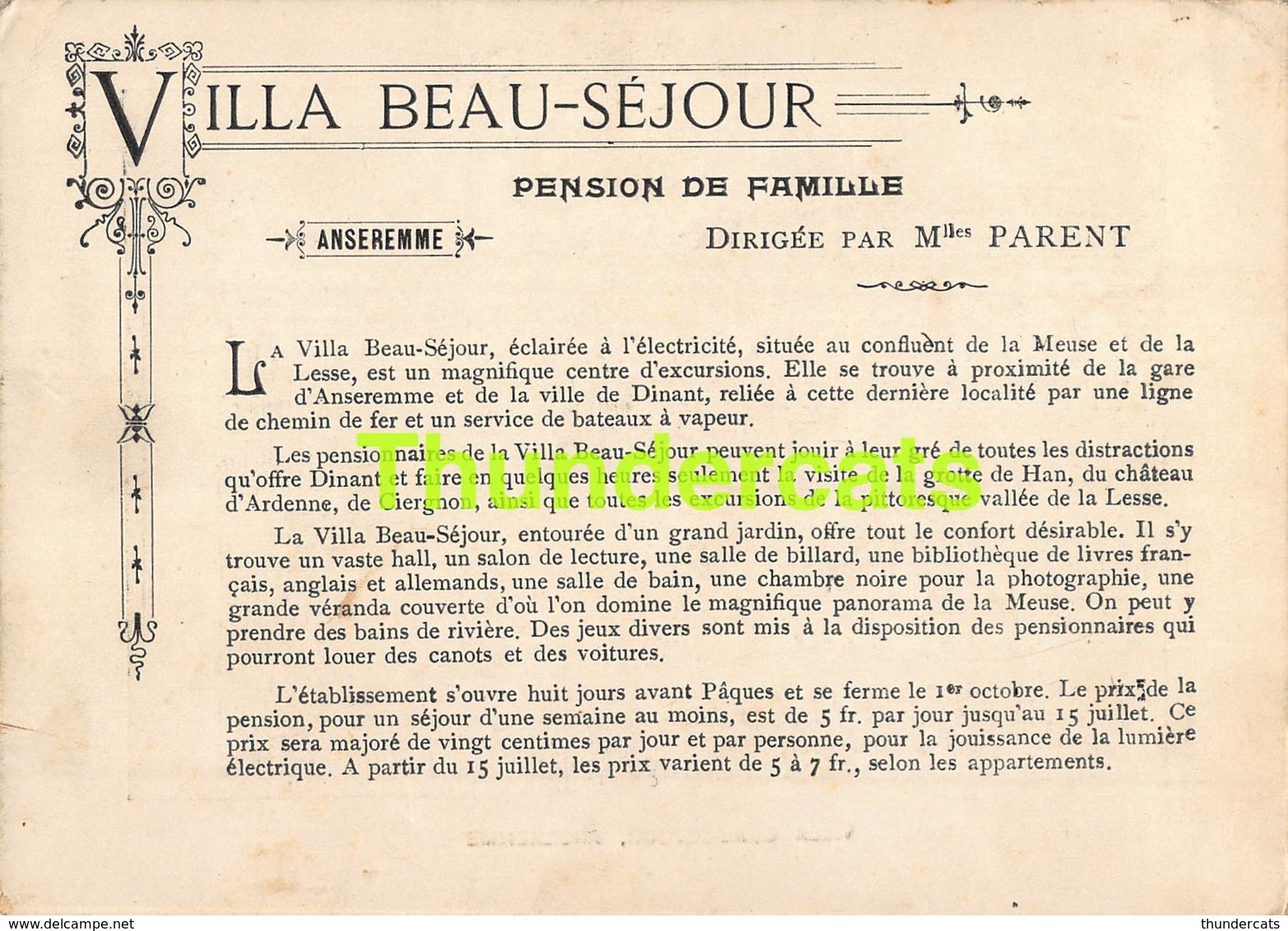 CPA CARTE PUB PUBLICITE VILLA BEAU SEJOUR ANSEREMME - Autres & Non Classés