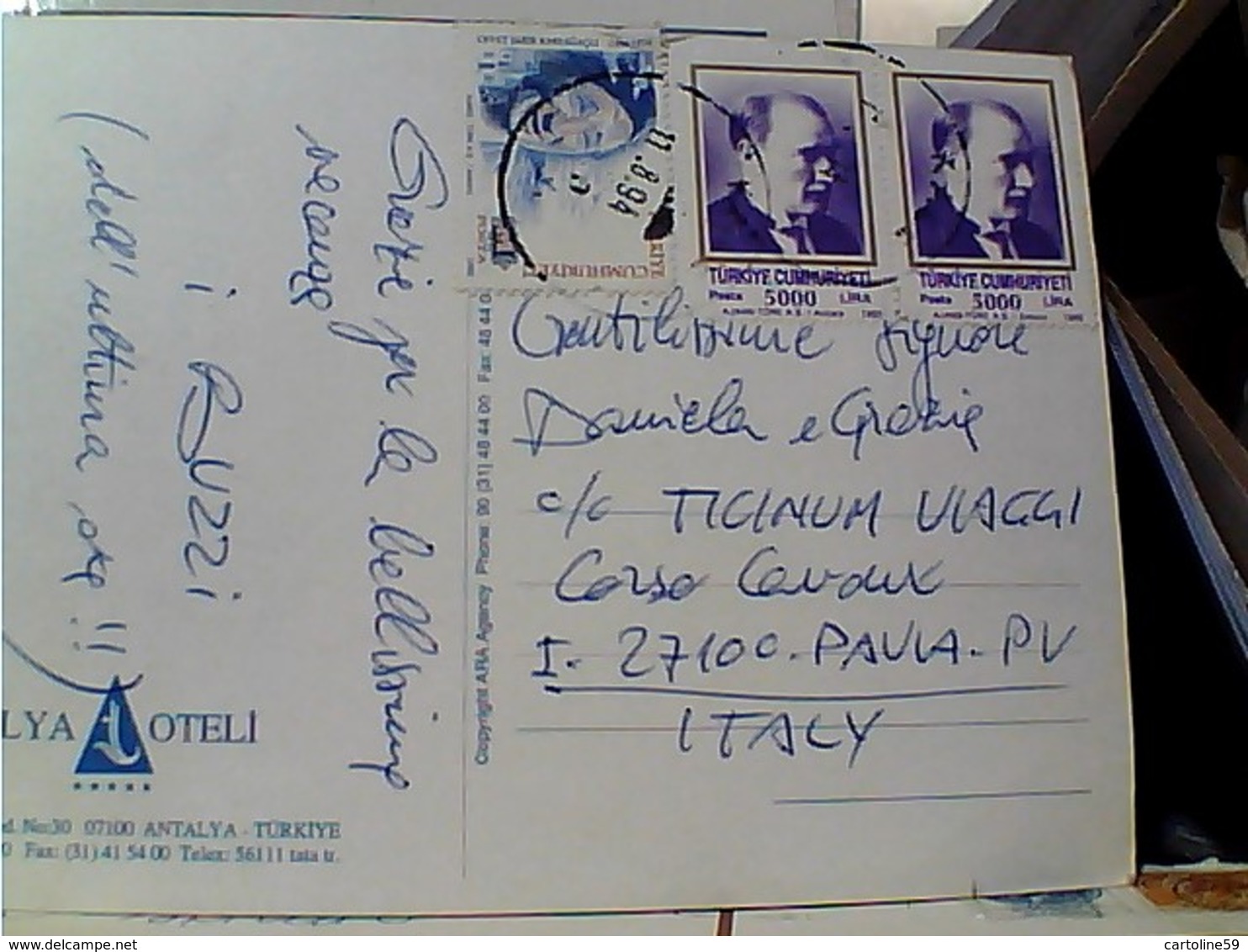 TURCHIA TALYA OTELI HOTEL    STAMP TIMBRE SELO     5000 LIRA +M Posta 1992 VB1994 GX5756 - Turchia