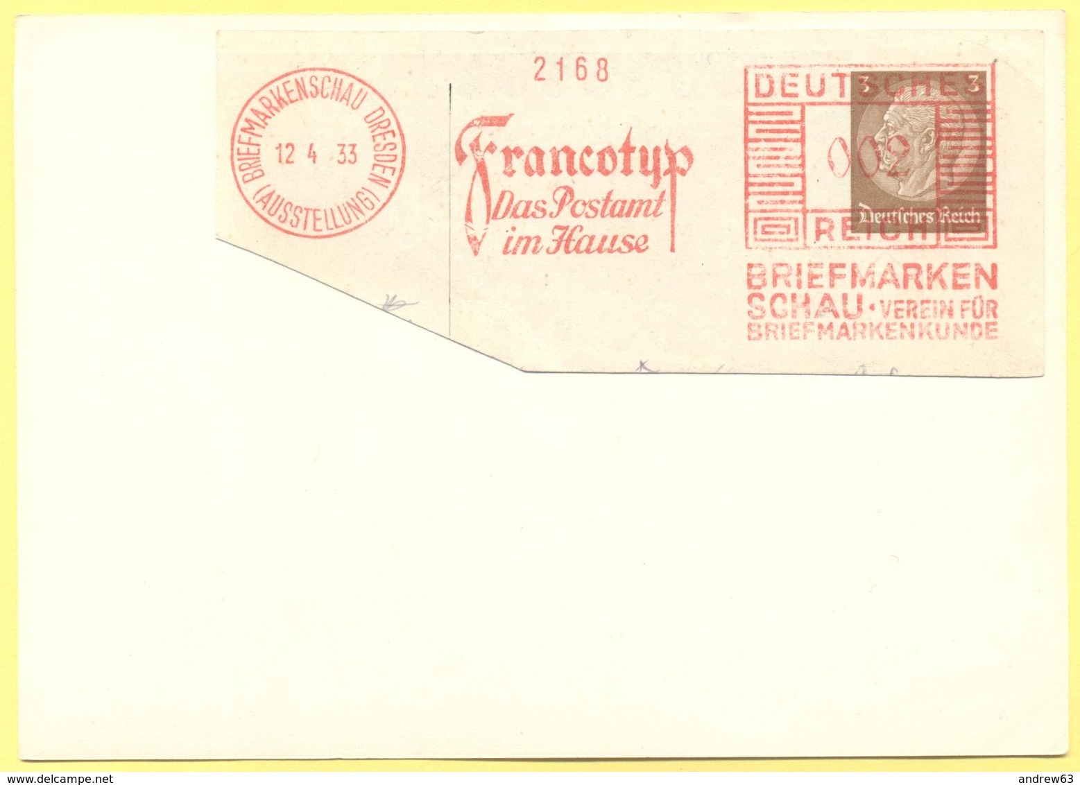 Deutsches Reich - 1933 - 3 + 002 EMA, Red Cancel - Francotyp, Das Postamt Im Hause - Briefmarkenschau - Fragment Over Pa - Maschinenstempel (EMA)