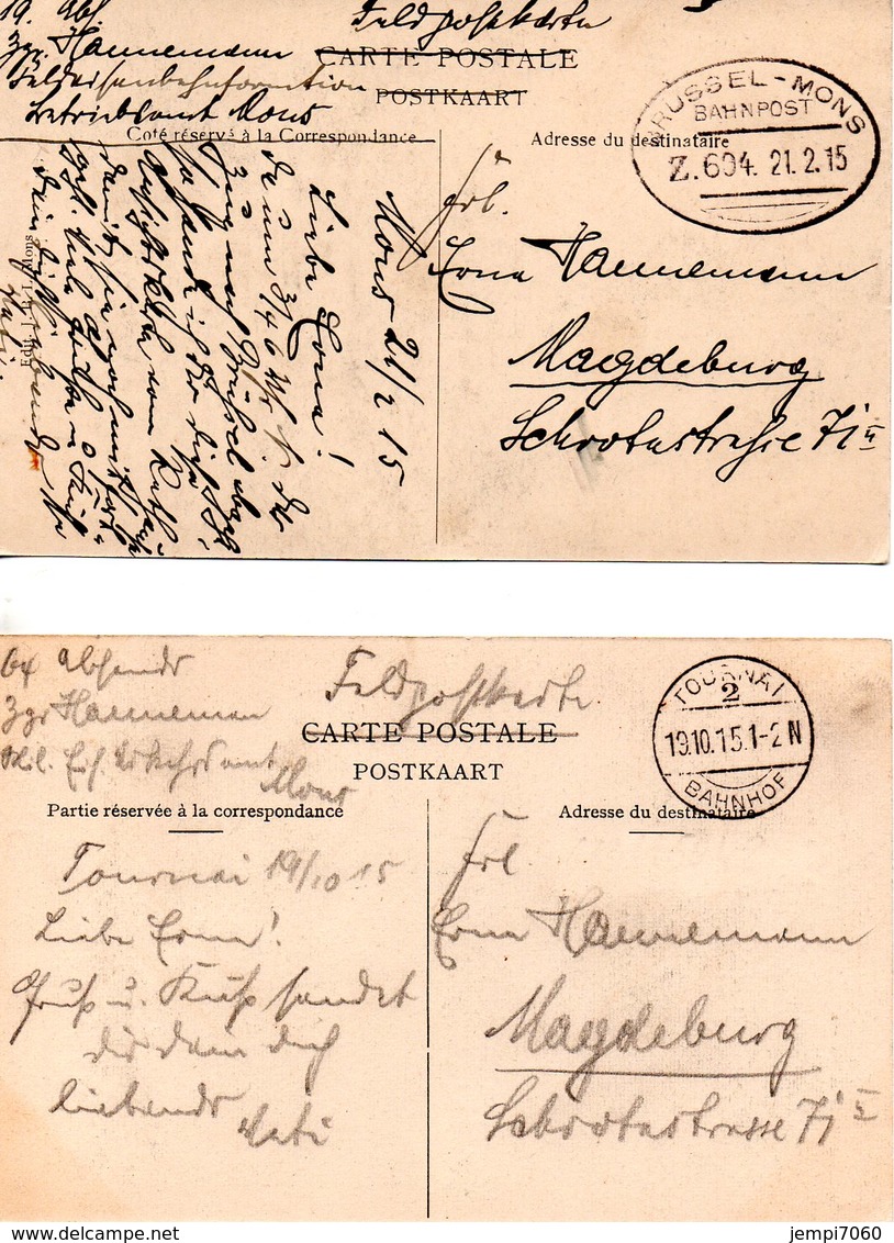 Deux Cartes Postales Anciennes Envoyées Par Un Soldat Allemand En 1915 / Oblitération Bahnhof Et Bahnpost - Documenti