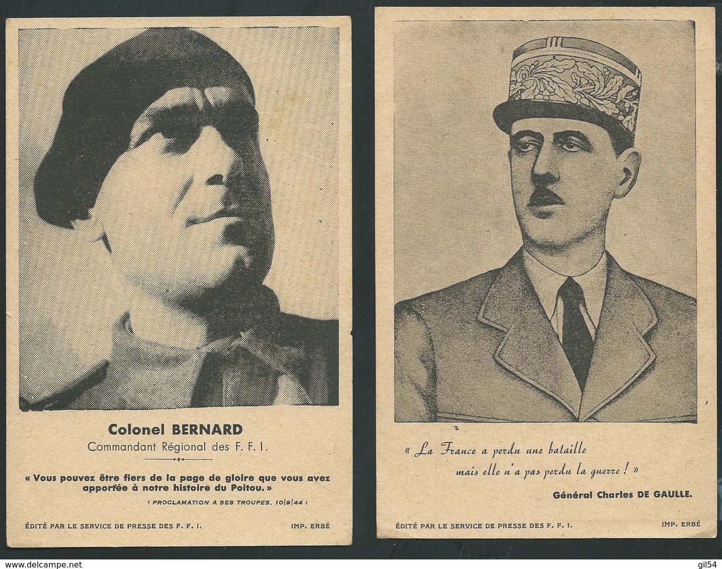 Lot De 2 Cartes Illustrées Taille Cpa , Propagande F.F.I  , Colonel Bernard Et Général Charles De Gaulle -  AM221 - Historische Documenten