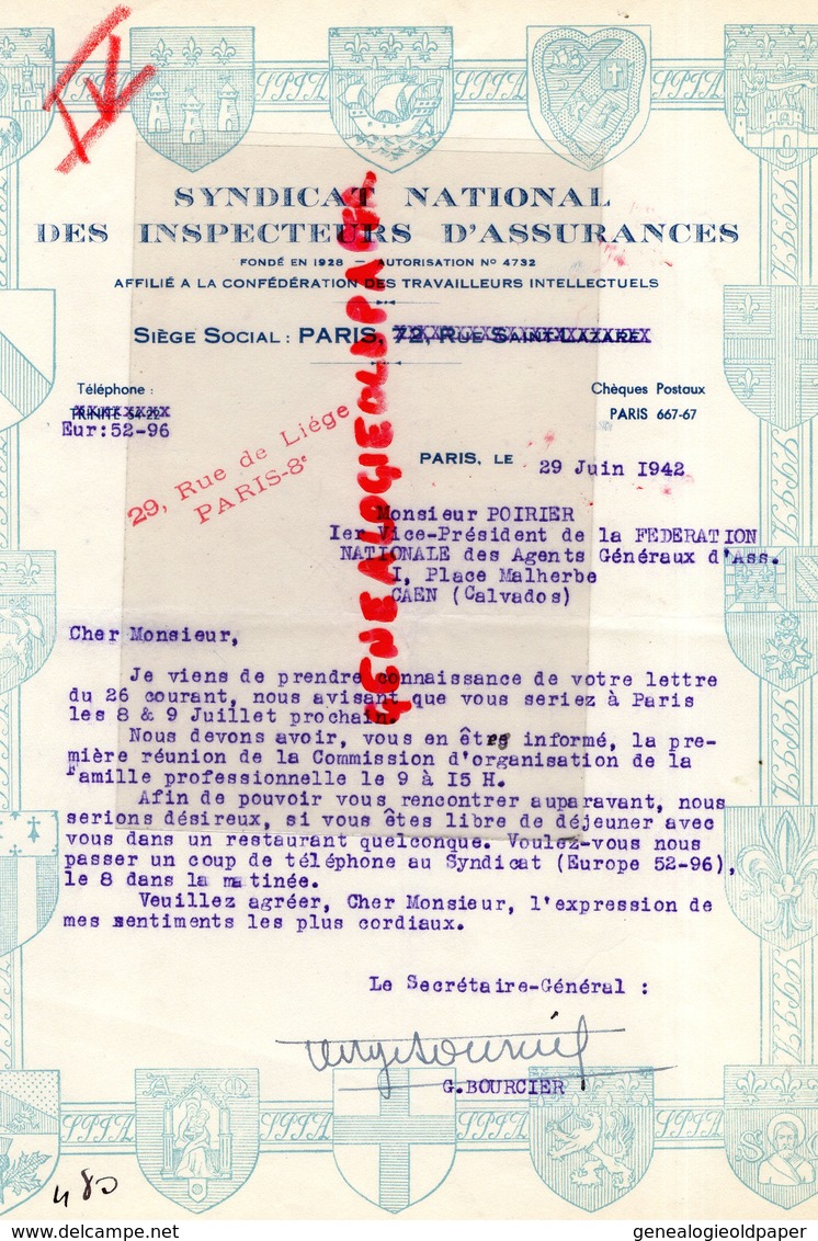 75- PARIS- 1942 RARE LETTRE SYNDICAT NATIONAL INSPECTEURS ASSURANCES-TRAVAILLEURS INTELLECTUELS-29 RUE LIEGE- - Bank & Versicherung