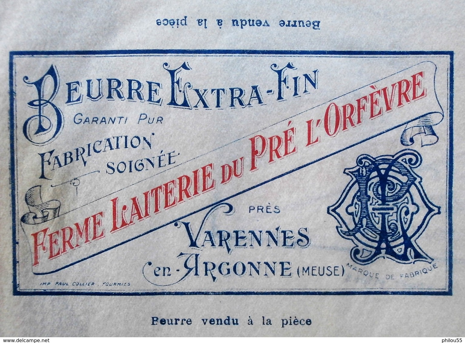 55 VARENNES EN ARGONNE Le Pre L Orfevre CHEPPY Papier A Beurre - Fromage