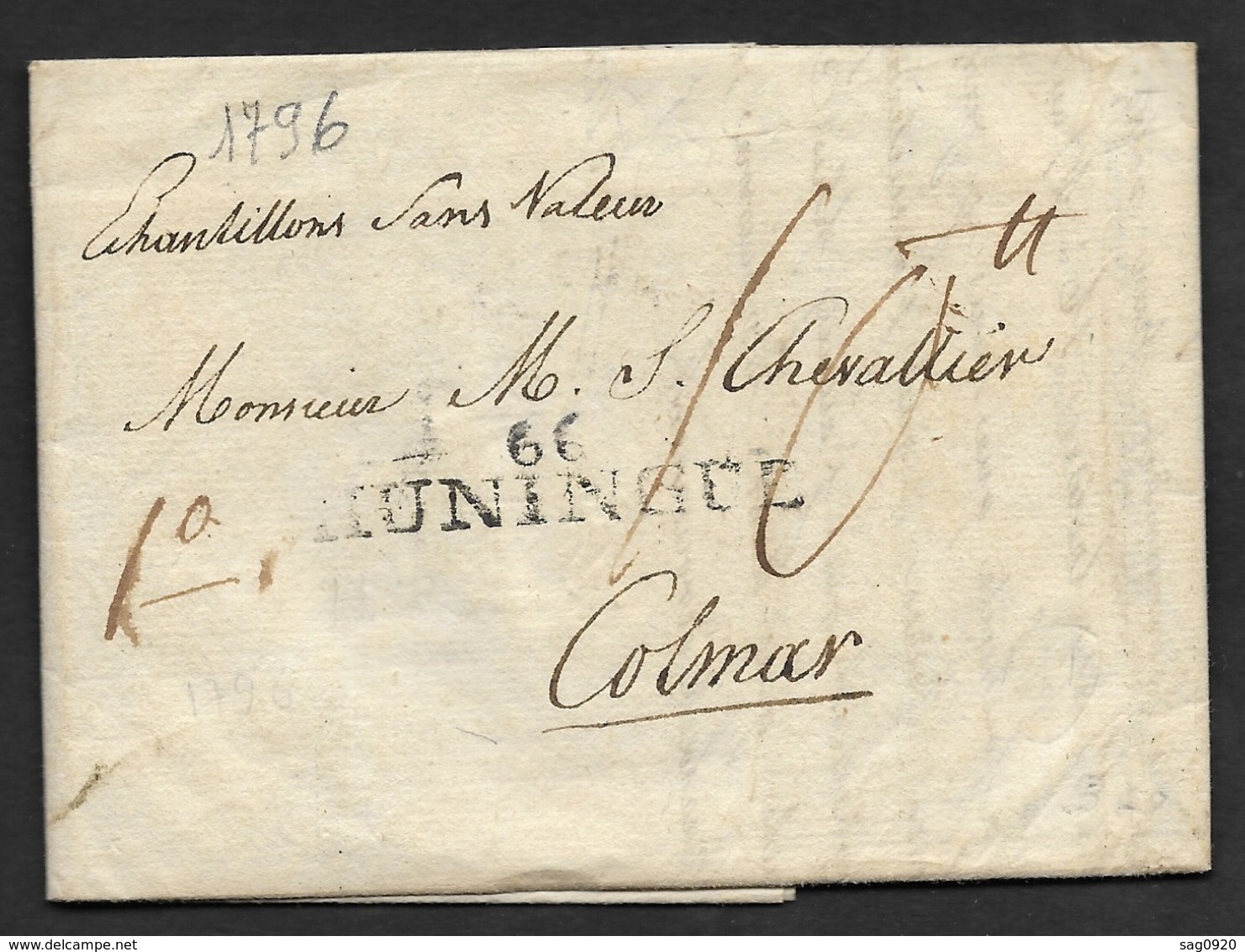 Haut Rhin-Lettre De Basle-Marque Linéaire 66 HUNINGUE-Pour Colmar - 1701-1800: Precursors XVIII