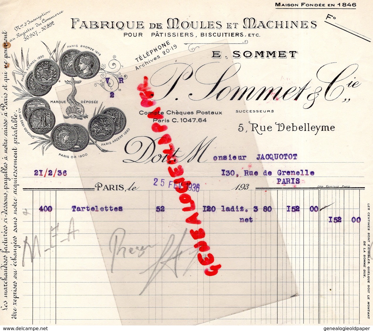 75- PARIS- FACTURE P. SOMMET -FABRIQUE MOULES ET MACHINES POUR PATISSIER-PATISSERIE -5 RUE DEBELLEYME-1936 - Petits Métiers