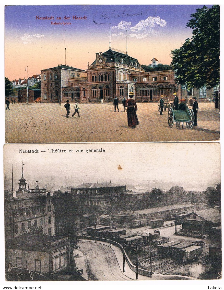 2 CPA : NEUSTADT An Der Haardt ( Weinstrasse ) Bahnhofplatz , Place De La Gare Et Théâtre, Vue Générale (Intérieur Gare) - Neustadt (Weinstr.)