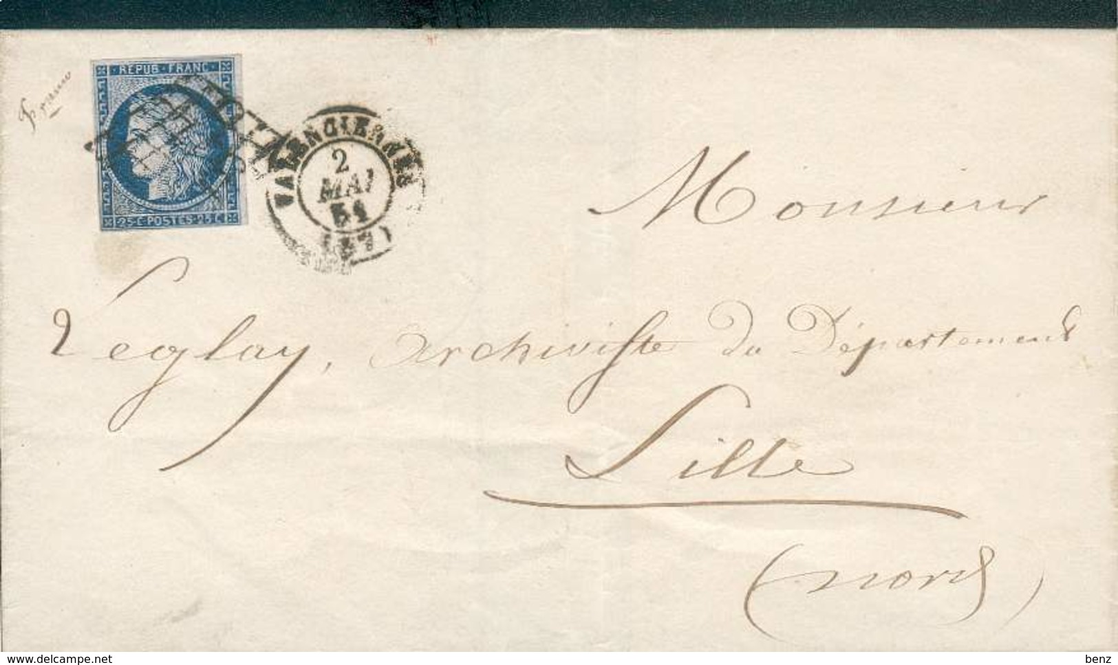 FRANCE LETTRE CERES OB GRILLE DE VALENCIENNES 2 MAI 1852 POUR LILLE VOIR VERSO TB - 1849-1850 Ceres