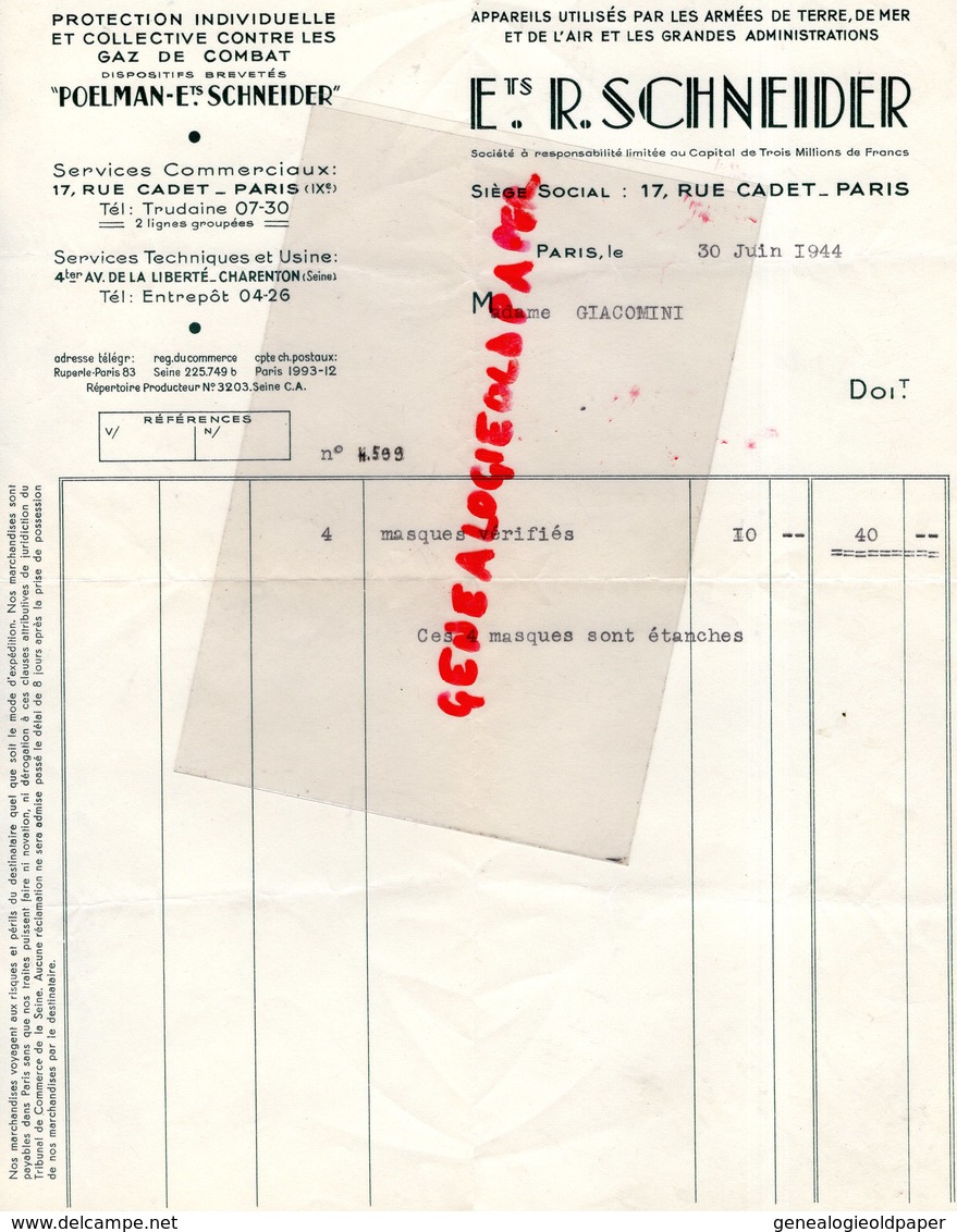 75- PARIS - RARE FACTURE R. SCHNEIDER-POELMAN- GAZ DE COMBAT ARMEE TERRE MER AIR-PROTECTION CIVILE-17 RUE CADET-1944 - Petits Métiers