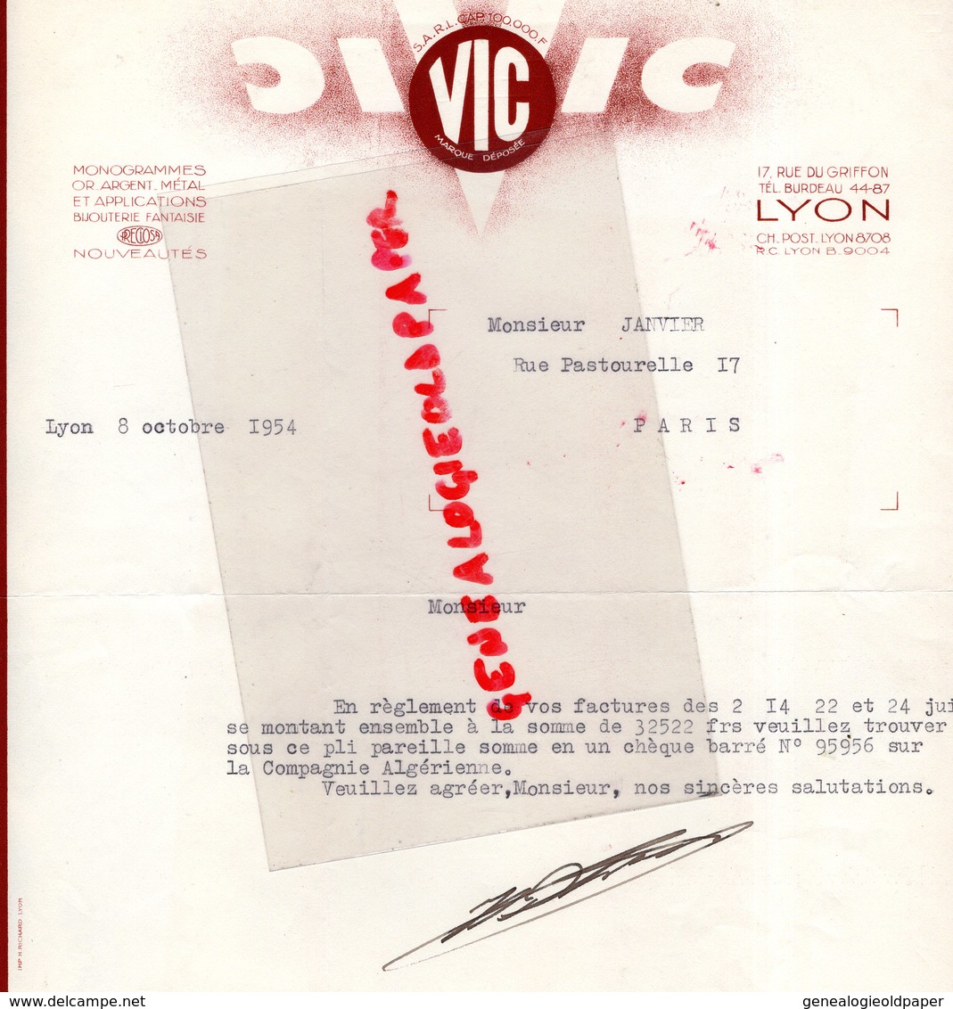 69- LYON- RARE LETTRE VIC -MONOGRAMME - BIJOUTIER-MONOGRAMMES OR- ARGENT METAL-BIJOUTERIE FANTAISIE-1954 - Petits Métiers
