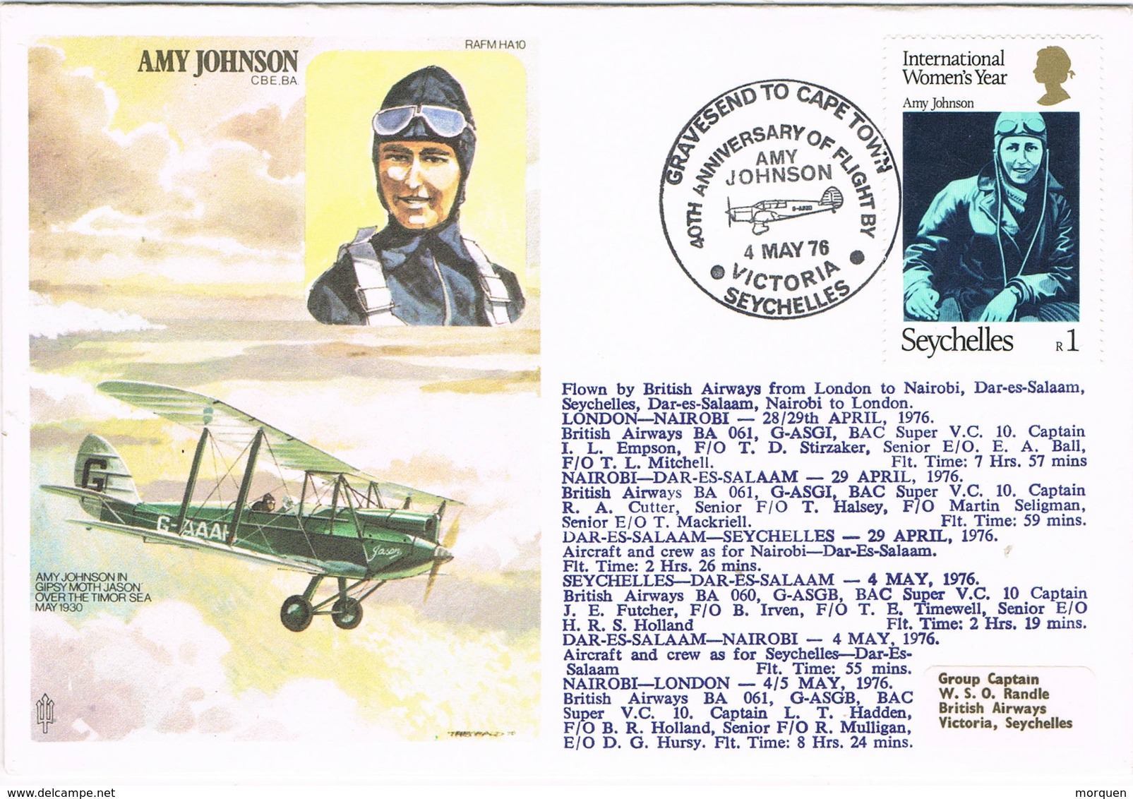 30513. Carta Flown Flight VICTORIA (Seychelles) 1976, AMY JOHSON - Seychellen (1976-...)