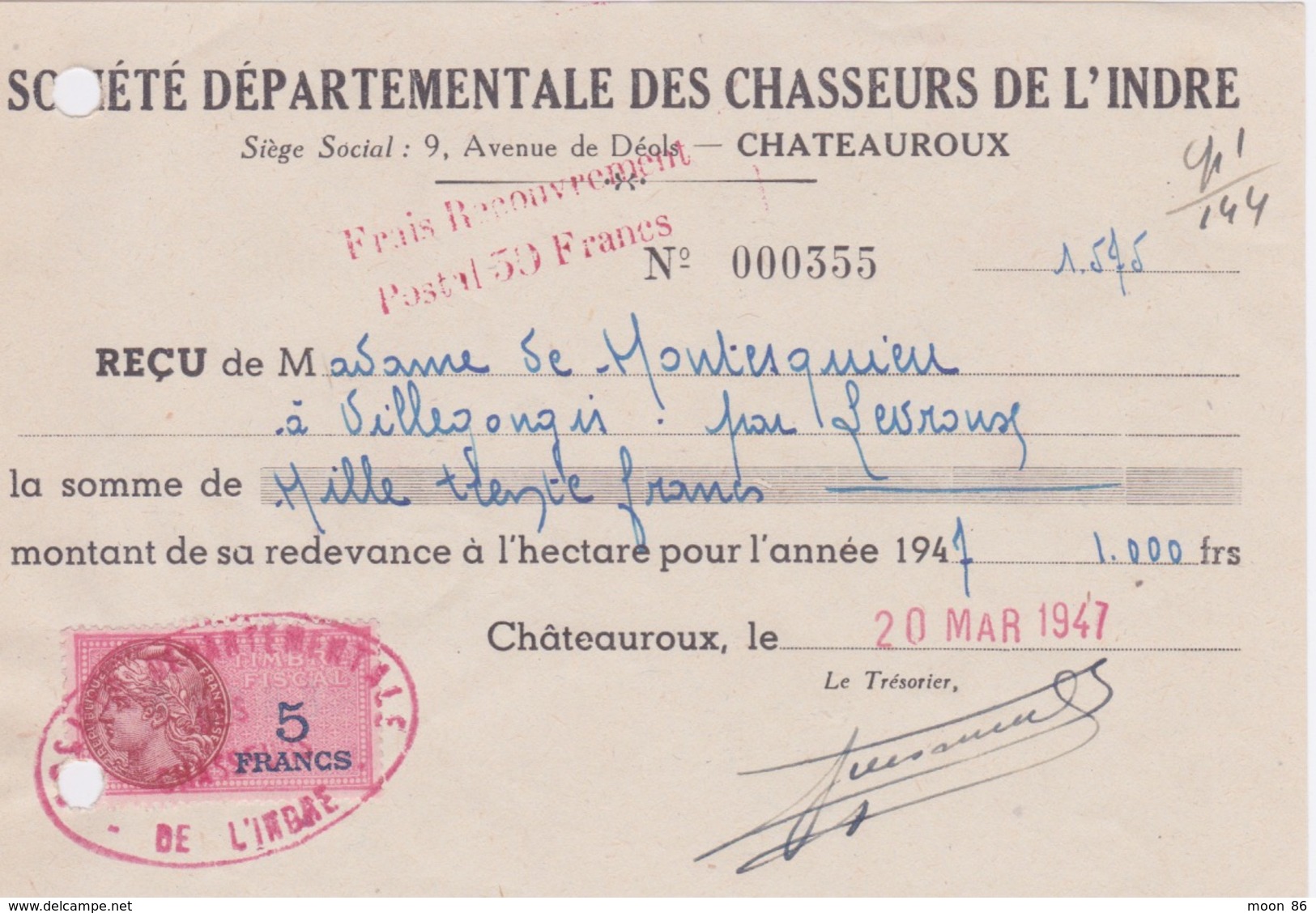 RECU DE LA SOCIÉTÉ DÉPARTEMENTALE DES CHASSEURS DE L'INDRE CHATEAUROUX - TIMBRE FISCAL 5 F - Sport En Toerisme