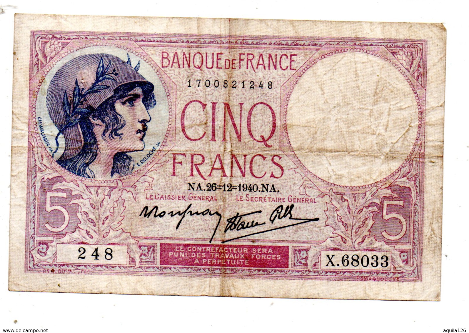 BELLISSIME BANCONOTE FRANCIA 5 FRANCHI 26/12/1940 - Zonder Classificatie