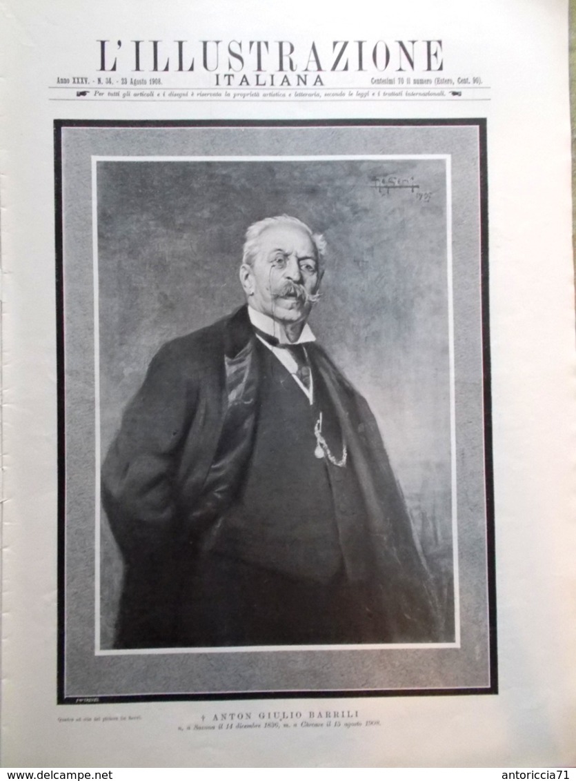 L'illustrazione Italiana 23 Agosto 1908 Anton Giulio Barrili Torricelli A Faenza - Altri & Non Classificati