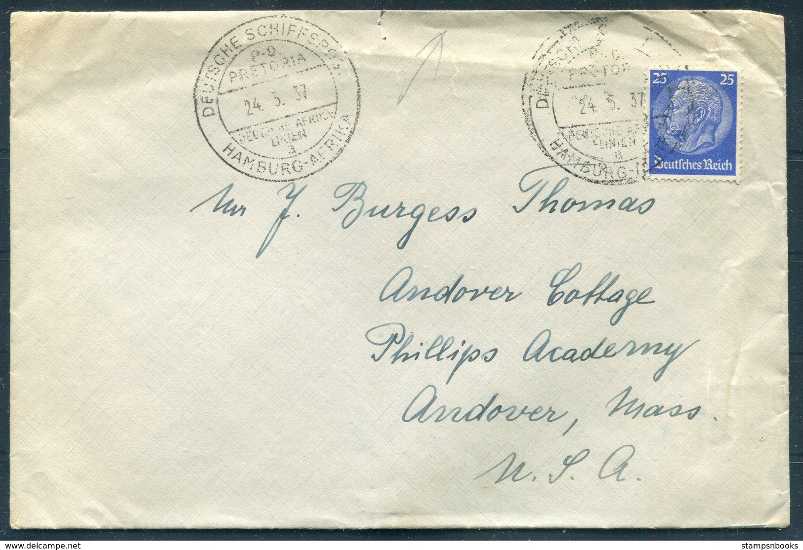 1937 DR Deutsche Schiffspost, Hamburg Afrika PRETORIA Ship Cover. Deutsche Afrika Linie DAL - Covers & Documents