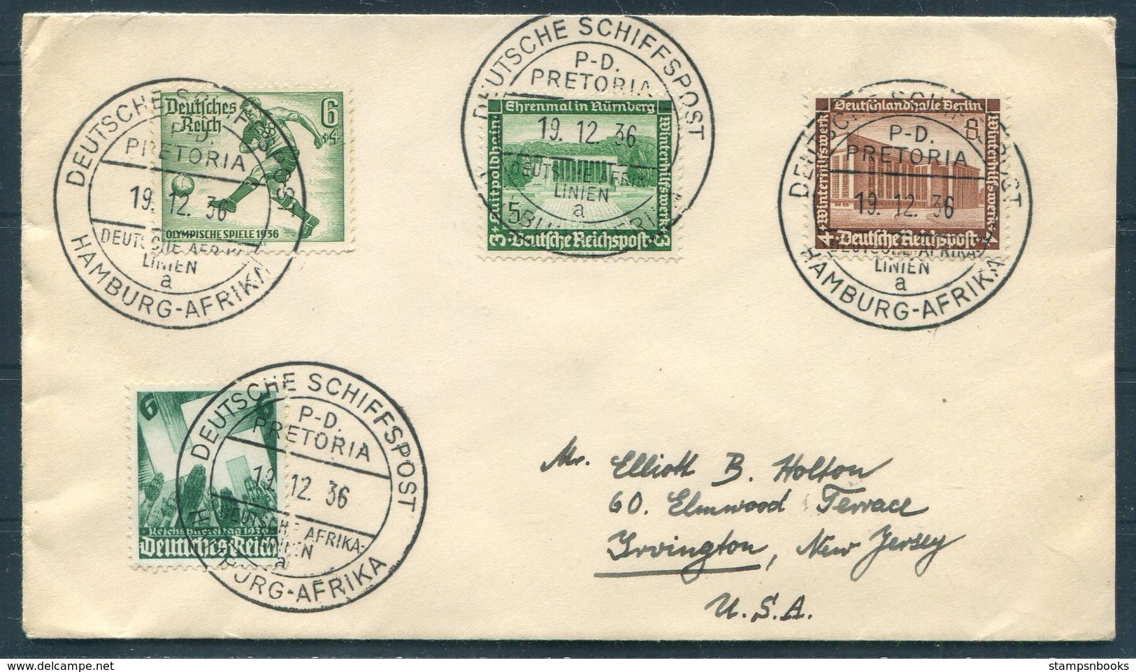 1936 DR Deutsche Schiffspost, Hamburg Afrika P.D. PRETORIA Ship Cover. Deutsche Afrika Linie. OLYMPICS - Covers & Documents