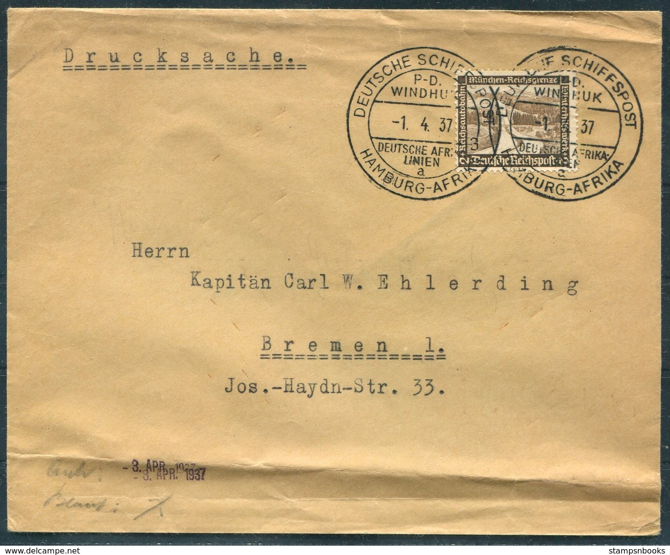 1937 DR Deutsche Schiffspost, Hamburg Afrika WINDHOEK Ship Cover. Deutsche Afrika Linie. Kapitan Carl Ehlerding, Bremen - Covers & Documents