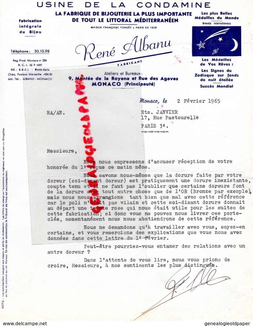 MONACO- RARE LETTRE RENE ALBANU-USINE DE LA CONDAMINE-FABRIQUE BIJOUTERIE- SIGNES DU ZODIAQUE-BIJOU-1965 - Otros & Sin Clasificación