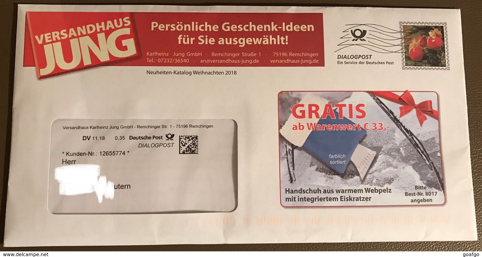 Dialogpost  DV 11 2018 0,35 Versandhaus Jung, 75196 Remchingen , Briefmarke Weihnachtskugeln Geschenkideen - Briefe U. Dokumente