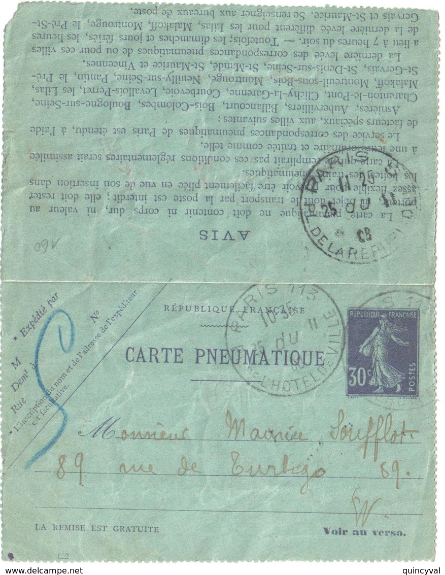 PARIS 113 Pl De L'Hotel De Ville Pneumatique Carte Lettre Entier 30c Semeuse Violet Yv CLPP2 Storch K2 Ob 1908 - Pneumatic Post