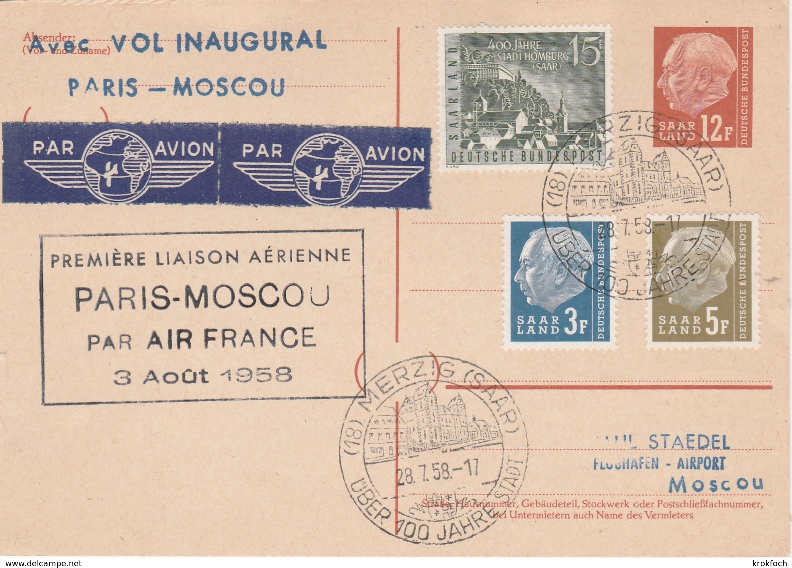 Merzig Saar 1958 - Erstflug Paris Moscou Moskau Par Air France 1er Vol - Carte Entier 12 F Ganzsache Stationary - Covers & Documents