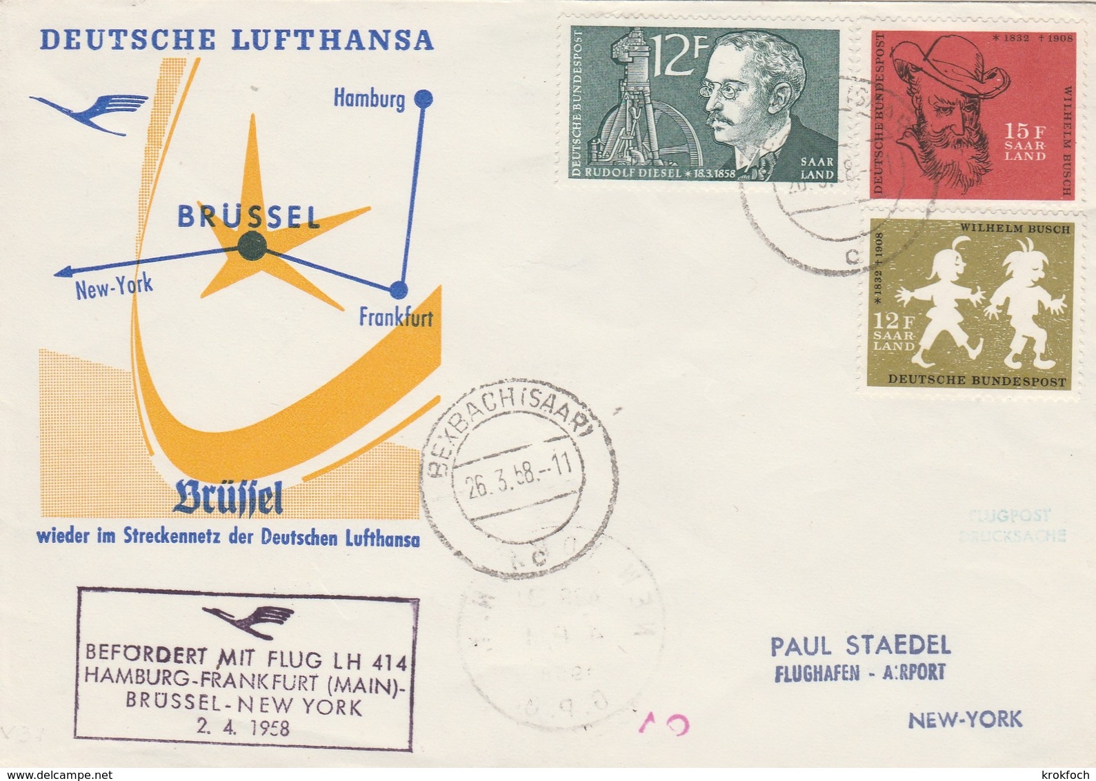 Bexbach Saar 1958 - Erstflug Hamburg Frankfurt Brussel New York 1er Vol - Lufthansa - Covers & Documents