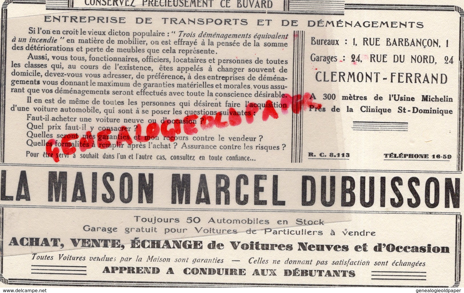 63- CLERMONT FERRAND-RARE BUVARD LA MAISON MARCEL DUBUISSON-TRANSPORTS DEMENAGEMENTS-RUE BARBANCON-24 RUE NORD-MICHELIN - Transportmiddelen