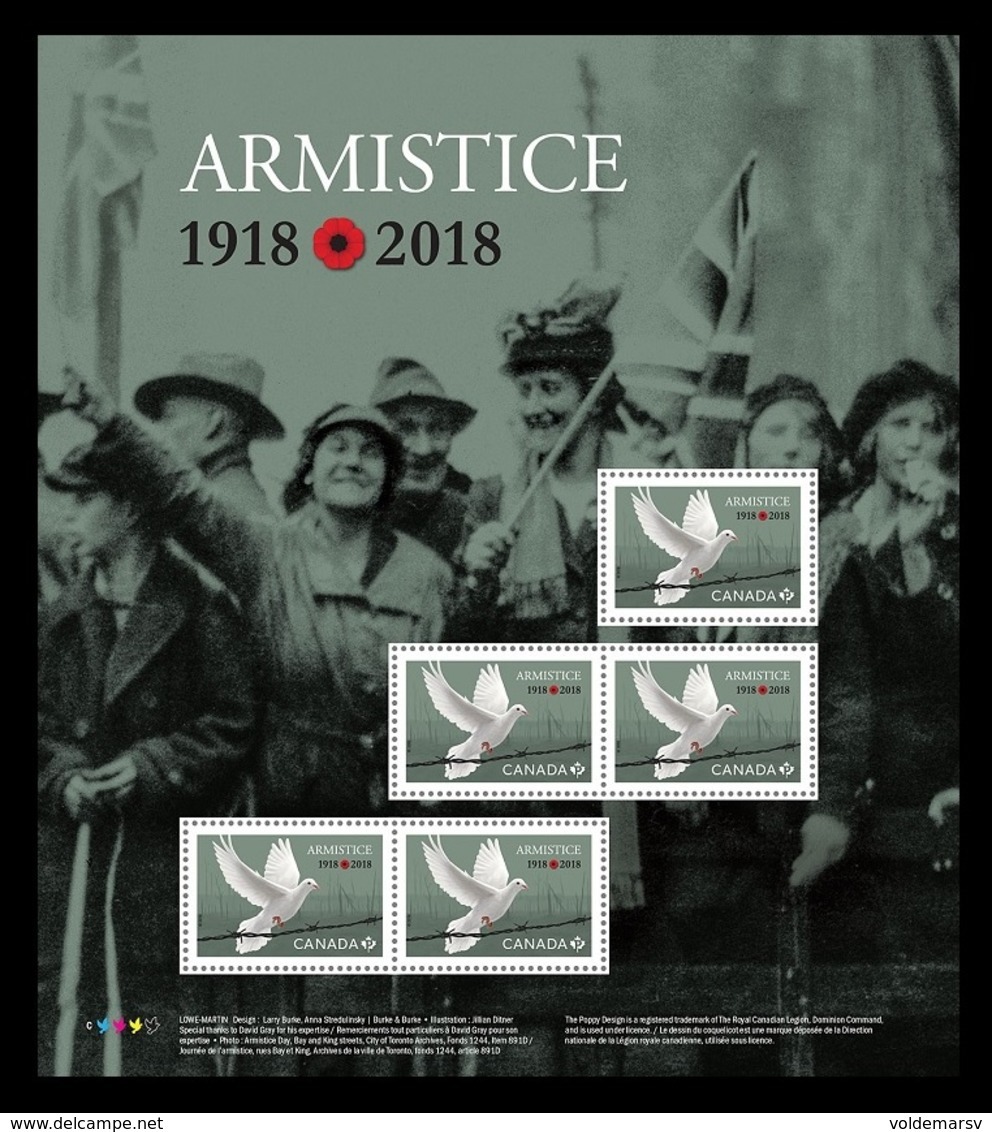 Canada 2018 Mih. 3674 World War I. Armistice. Fauna. Birds. Pigeon (M/S) MNH ** - Unused Stamps