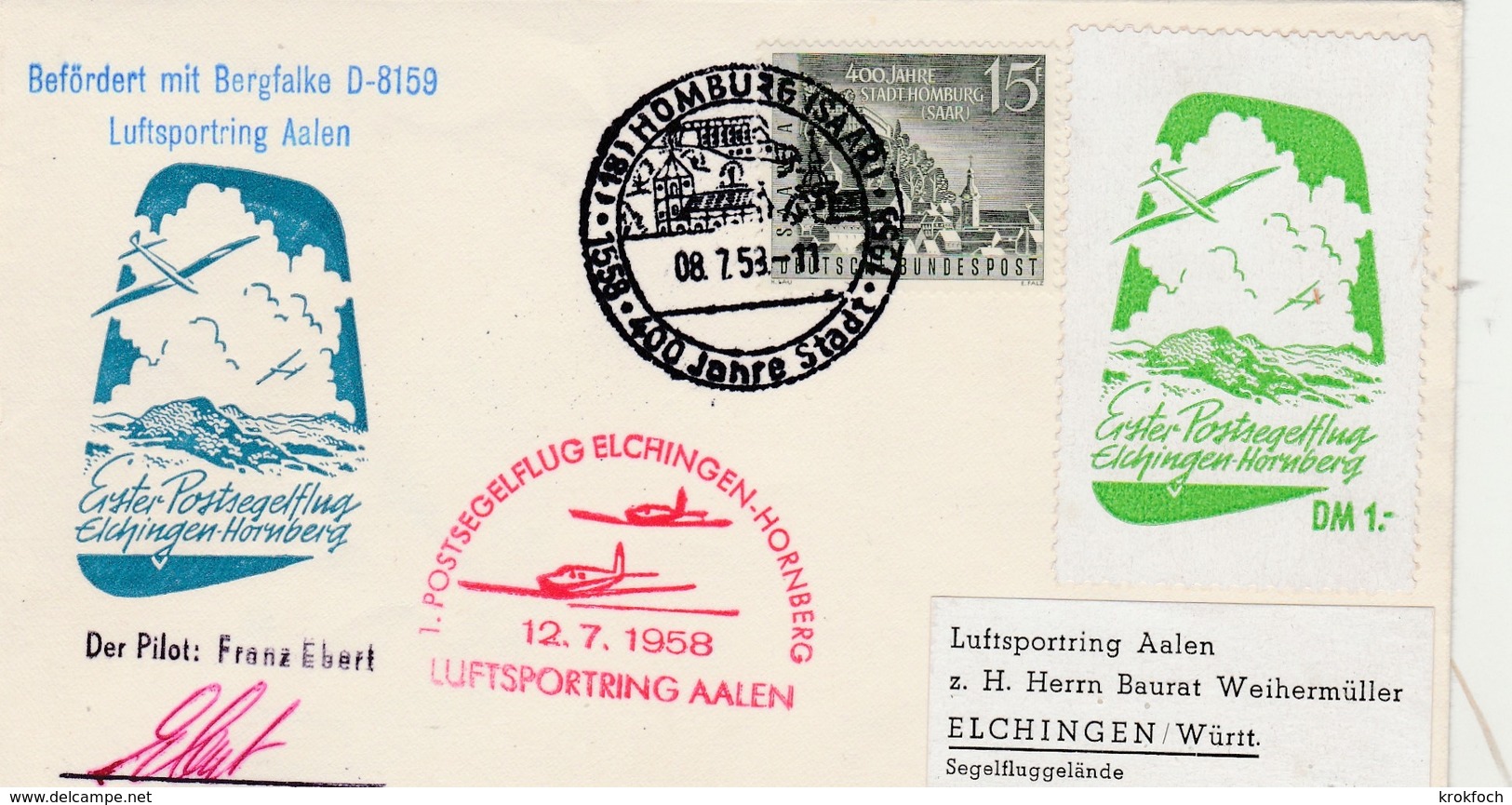 Homburg Saar 1958 400 Jahre Stadt - Segelflug Elchingen Hornberg Mit Vignette - Planeur - Covers & Documents