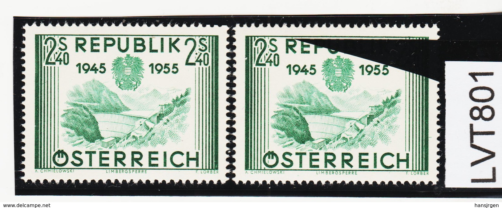 LVT801 ÖSTERREICH 1955 Michl 1016 PLATTENFEHLER FARBSTRICH über "R" ** Postfrisch - Abarten & Kuriositäten