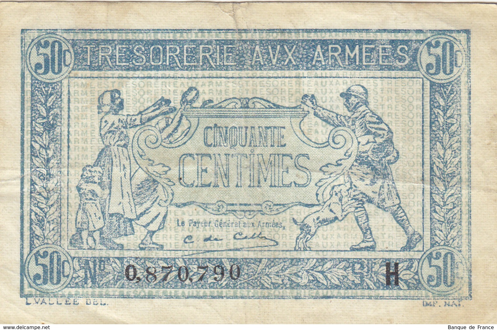 Billet 50 C Trésorerie Aux Armées Lettre H FAY VF 1.8 N° 0.870.790 - 1917-1919 Army Treasury