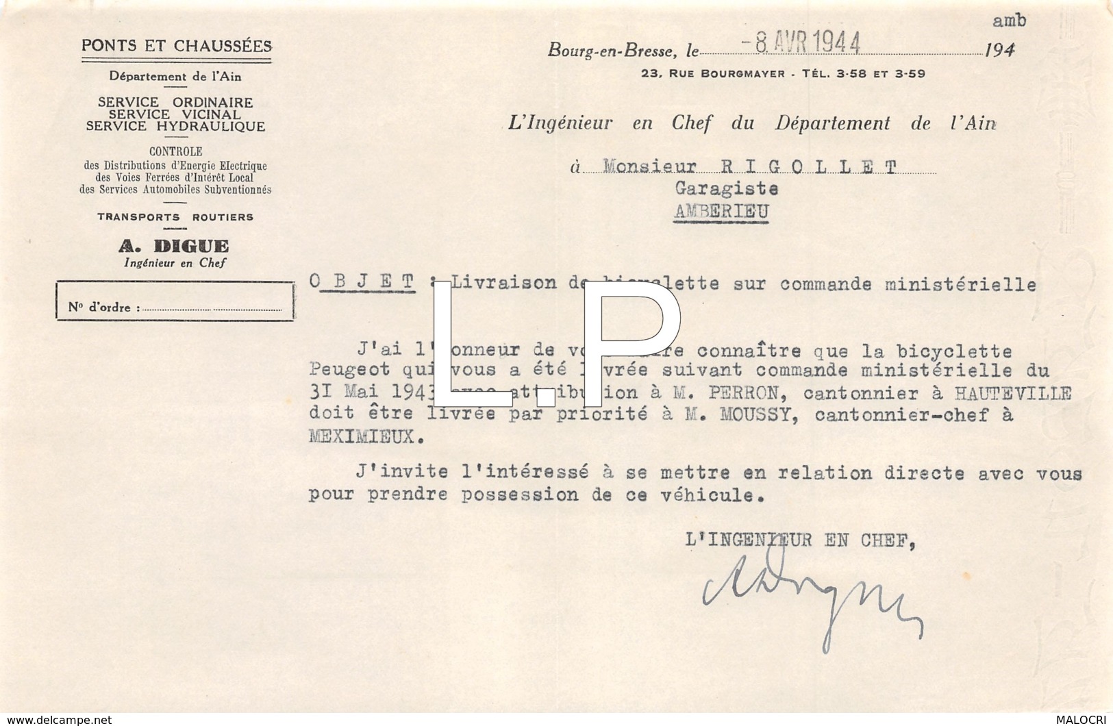 5-1646   Facture  1944  PONTS ET CHAUSSEES A. DIGUE A BOURG EN BRESSE - M. RIGOLLET A AMBERIEU EN BUGEY - 1900 – 1949