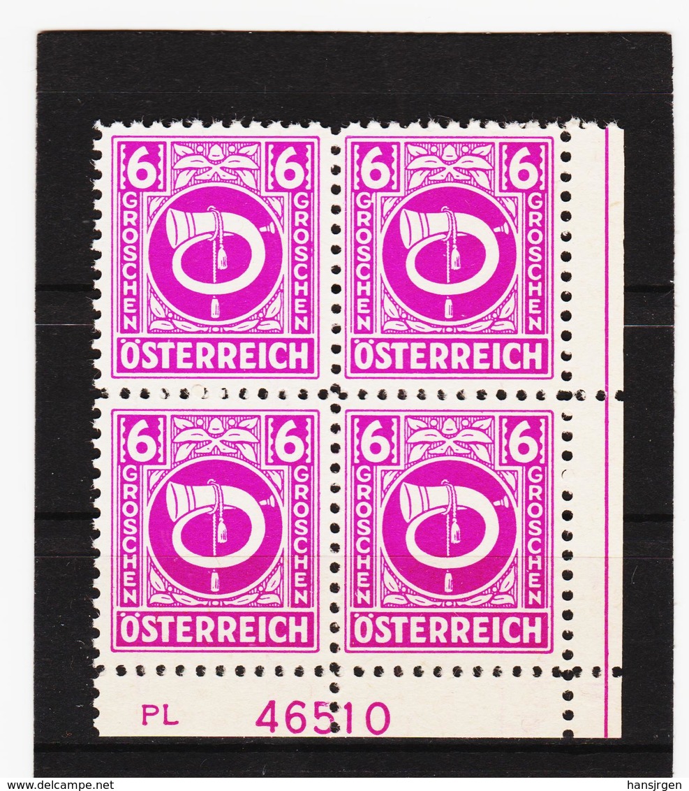 LVT783 ÖSTERREICH 1945 Michl 725 ECKRANDVIERERBLOCK Mit N° PL 46510 ** Postfrisch - Errores & Curiosidades