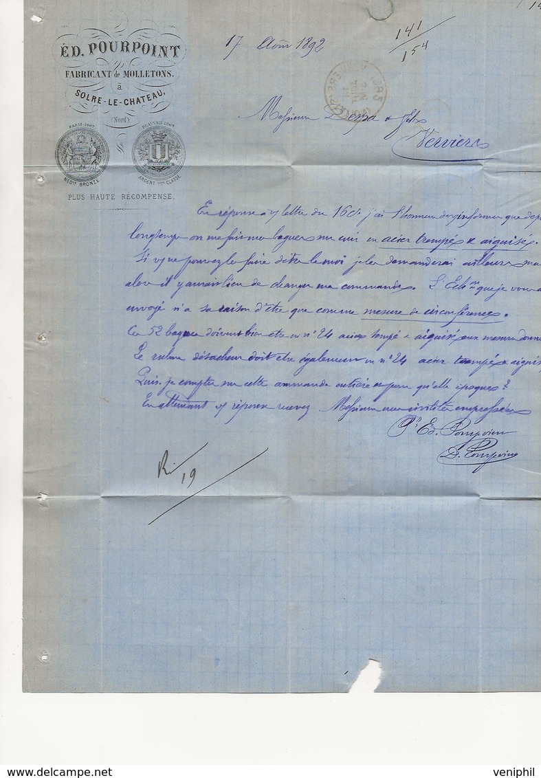 LETTRE COMMERCIALE ED.POURPOINT-SOLRE LE CHATEAU-NORD-AFFRANCHIE N° 89 ET 90 -CAD 1892 - 1877-1920: Semi-Moderne