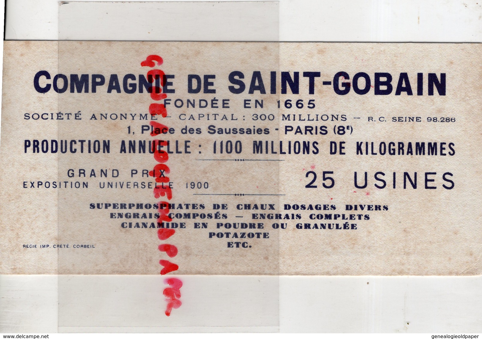 75- PARIS- BUVARD COMPAGNIE DE SAINT GOBAIN- 1 PLACE DES SAUSSAIES-25 USINES-GRAND PRIX EXPOSITION UNIVERSELLE 1900 - Autres & Non Classés