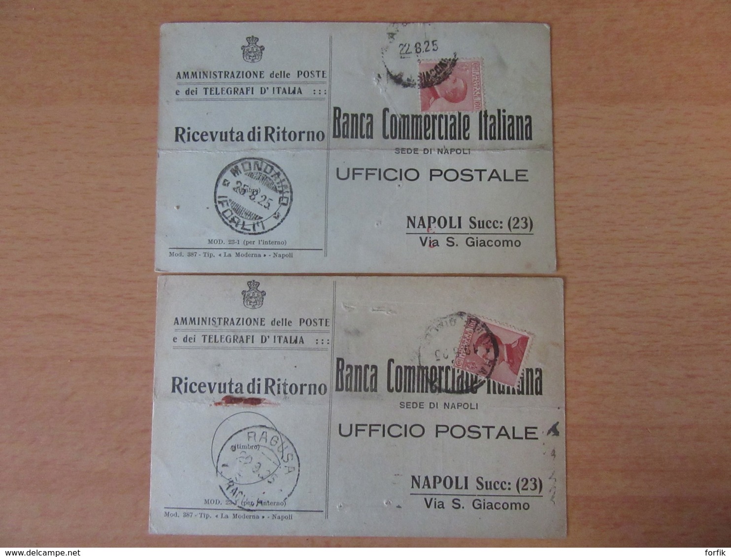 Italie - 2 Telegraphes De La "Banca Commerciale Italiana" Avec Timbres YT N°108 - Cachets Ragusa / Mondaino 1925 - Marcophilie