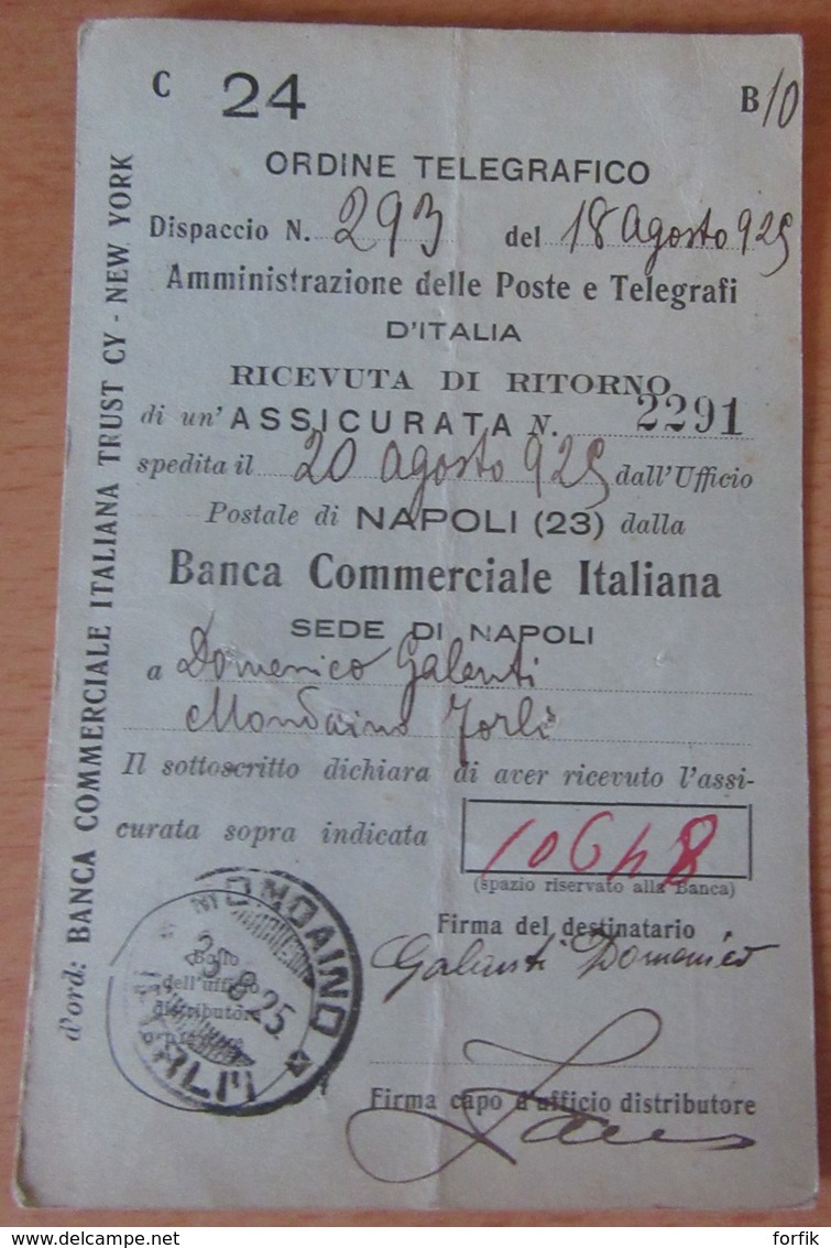 Italie - 2 Telegraphes De La "Banca Commerciale Italiana" Avec Timbres YT N°108 - Cachets Ragusa / Mondaino 1925 - Marcophilie