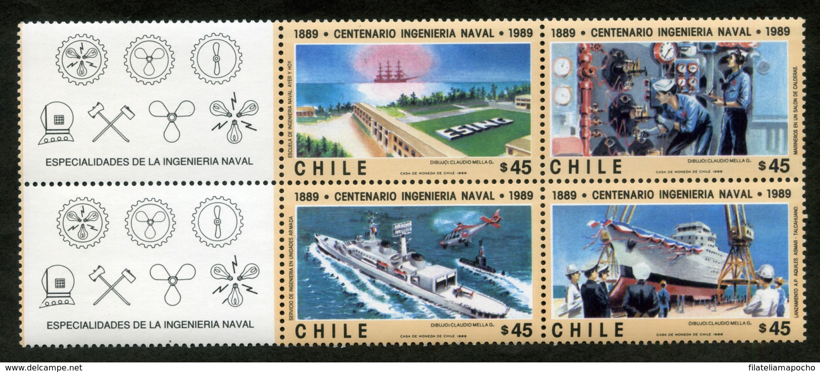 CHILE ESTAMPILLAS 1989; CENTENARIO INGENIERÍA NAVAL:1889-1989”. - Chile