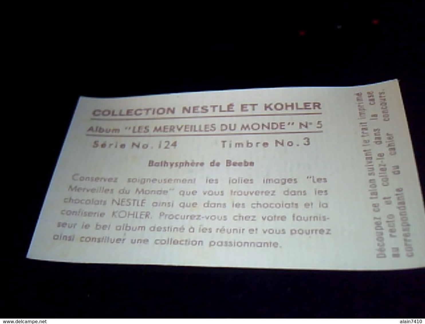 Vignette; Timbre Image Avec Sa Gomme  Nestlé Et Kohler  Album  Les Merveilles Du Monde No 5 Serie 124 Timbre No 3 - Nestlé