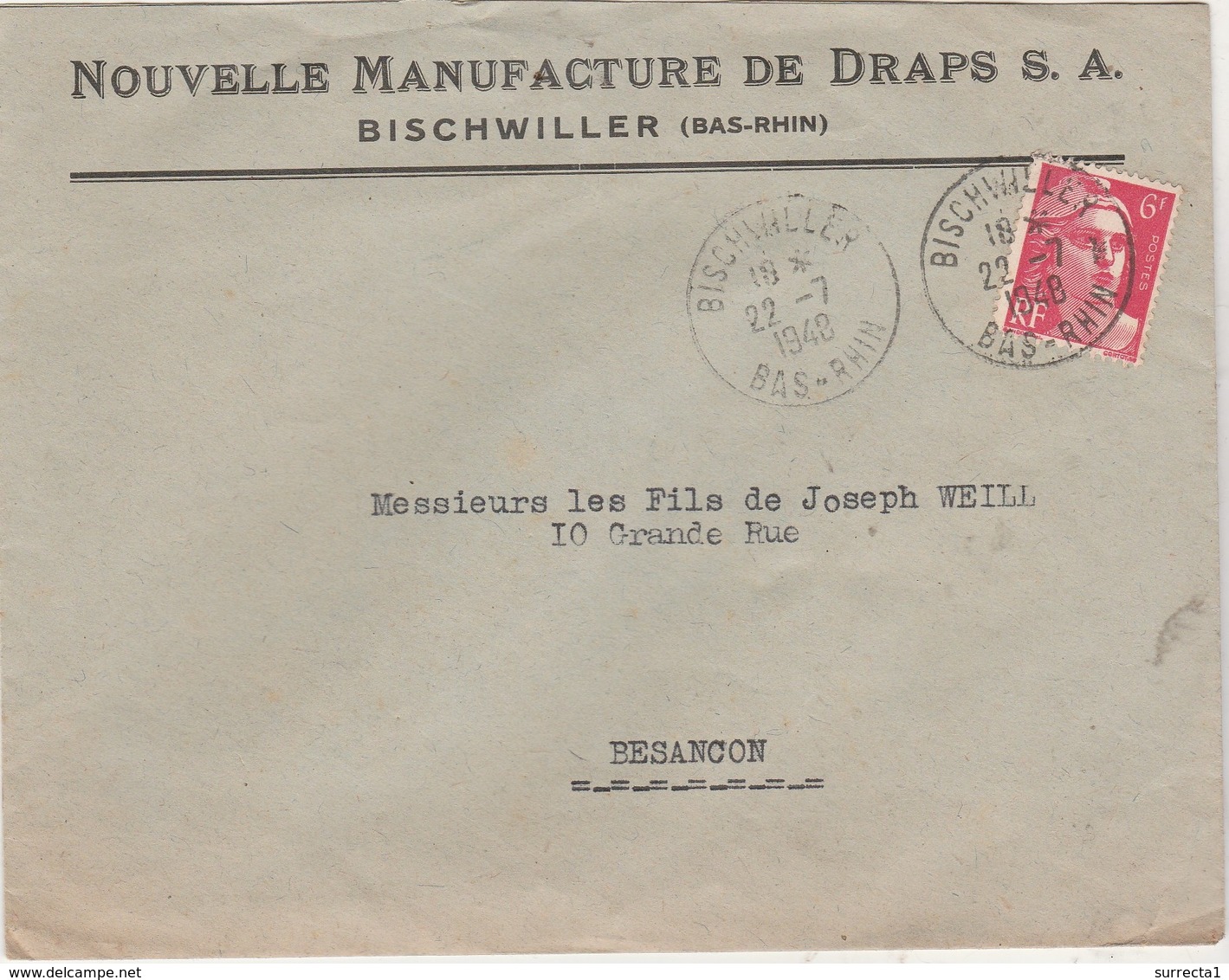 Enveloppe Commerciale 1948 / Nouvelle Manufacture Draps / 67 Bischwiller - Other & Unclassified