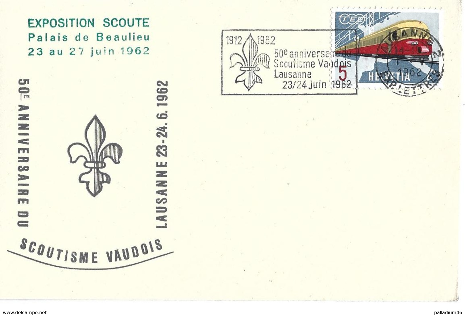 VAUD PALAIS DE BEAULIEU Enveloppe Suisse Avec Rare Oblit Mécanique "50e Anniv Scoutisme Vaudois Lausanne 1962" - Lettres & Documents