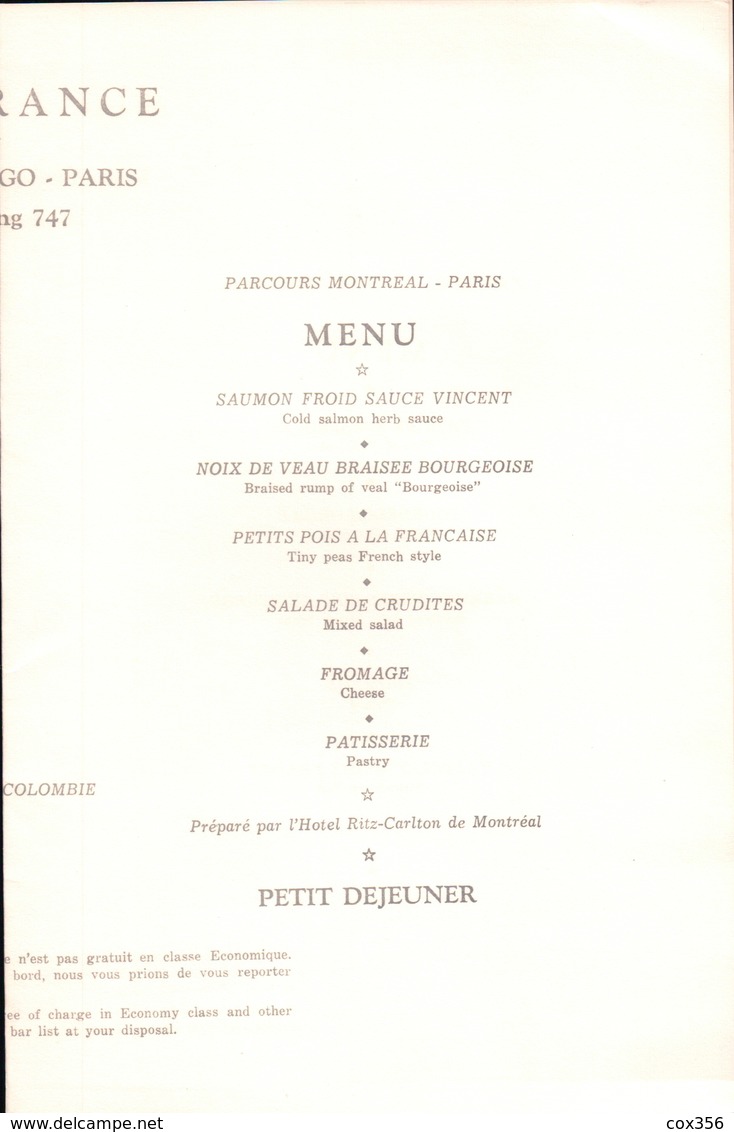 MENU AIR FRANCE HARTUING T1956-23 CHICAGO PARIS En BOEING 747 - Menus