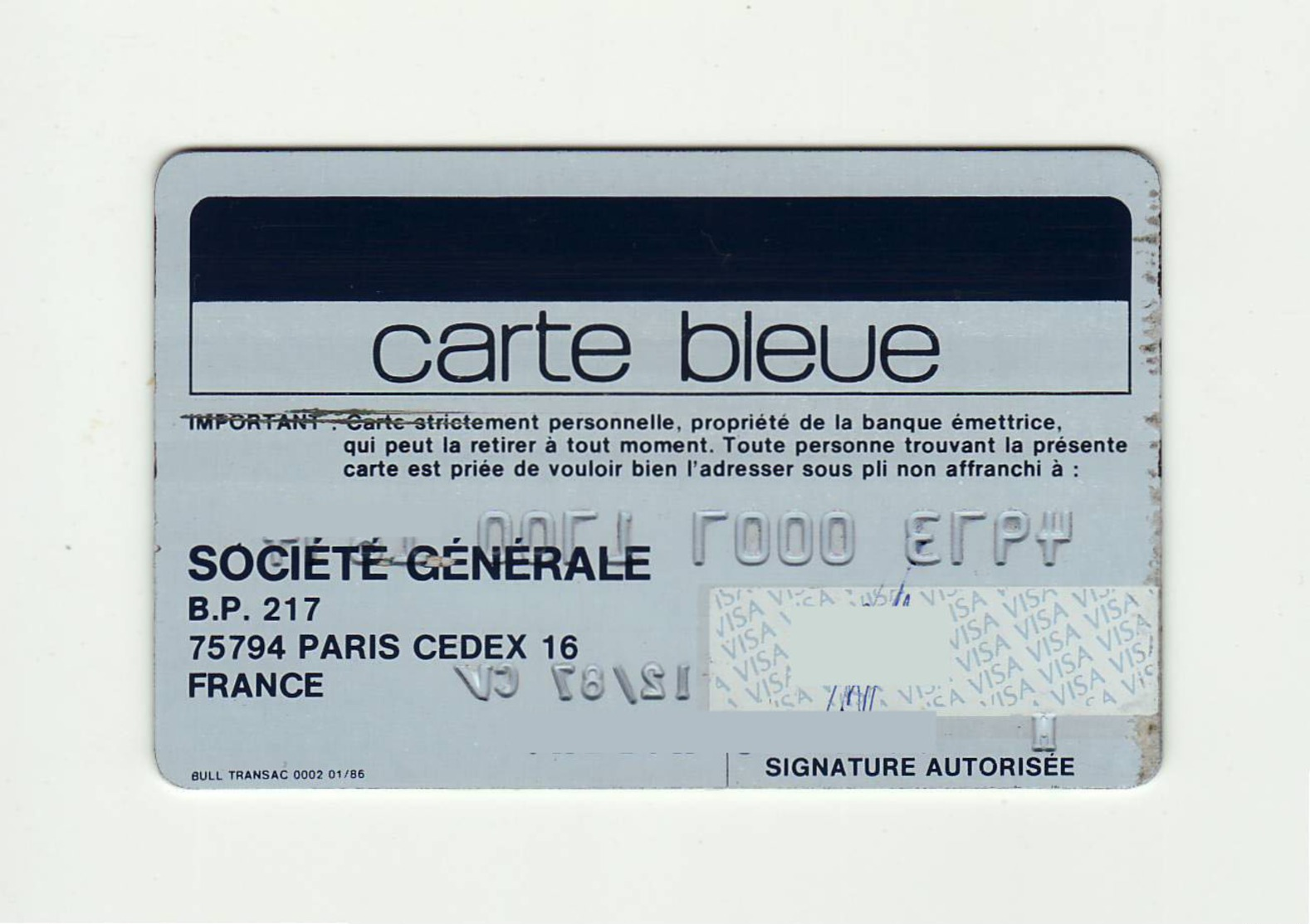 Societe Generale FRANCE Carte Bleue VISA Expired 1987 - Cartes De Crédit (expiration Min. 10 Ans)