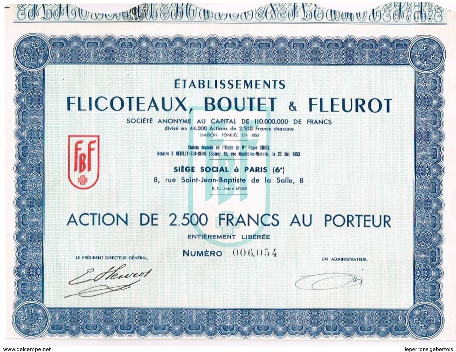 Action Ancienne - Etablissements Flicoteaux, Boutet & Fleurot - Titre De 1953 - - Industrie