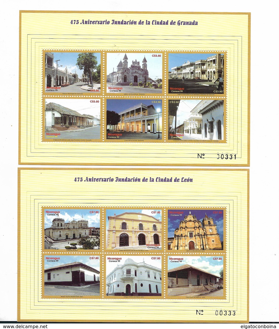 NICARAGUA 1999, GRANADA AND LEON FOUNDATION ANNIVERSARY, 2 SOUVENIR SHEETS SCOTT 2314-15, MICHEL 4092-4103 - Nicaragua