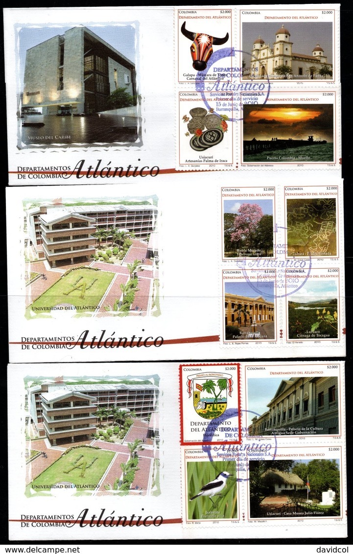 COLOMBIA- KOLUMBIEN- 2010 FDC/SPD. ATLANTICO DEPARTMENT. SET X 3 COVERS - Colombie