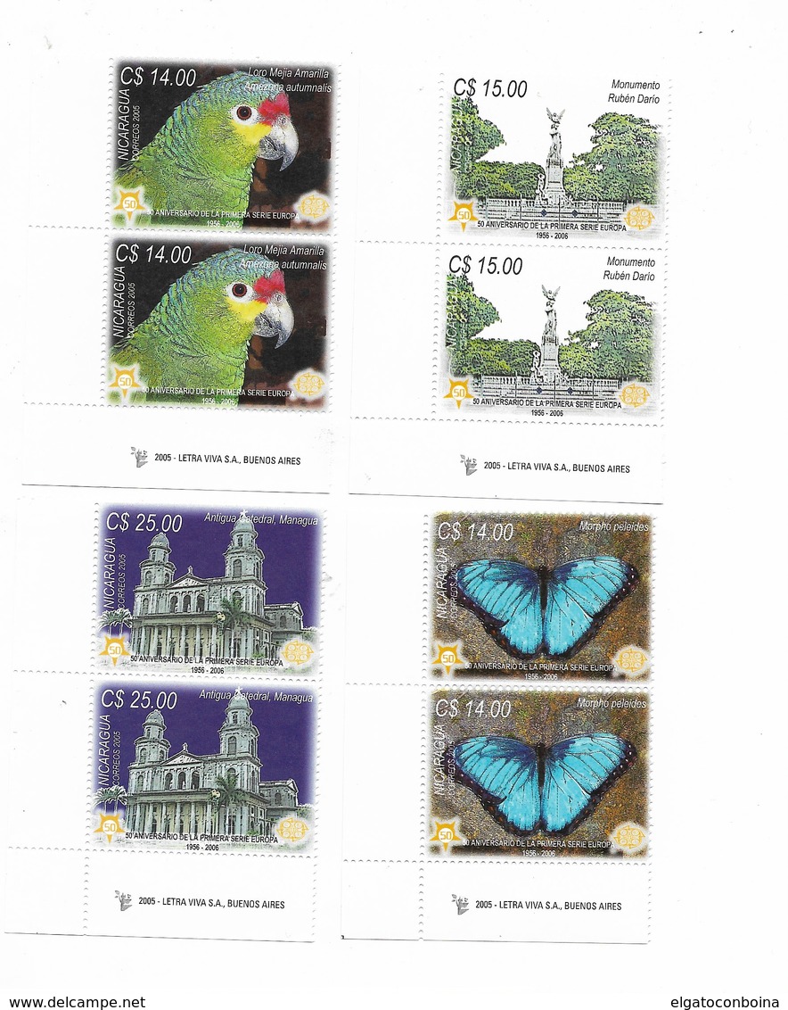 NICARAGUA 2006, EUROPA STAMPS, ANNIVERSARY, BUTTERFLY, BIRD, BUILDING SC. 2466-69 4 VALUES IN PAIRS + SOUVENIR SHEET - Nicaragua