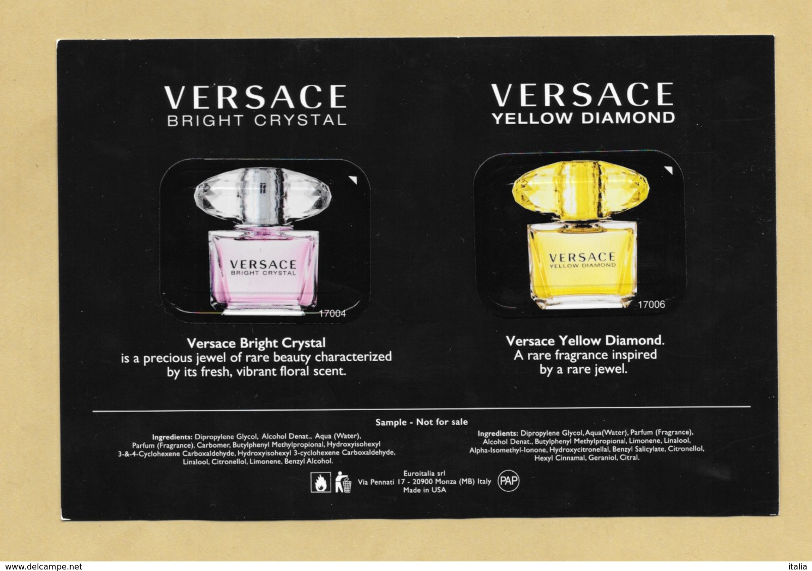 Carte Parfumée Avec 2 Patch Perfume Card CRYSTAL COLLECTION * VERSACE * R/V *** 1 EX - Modernes (à Partir De 1961)