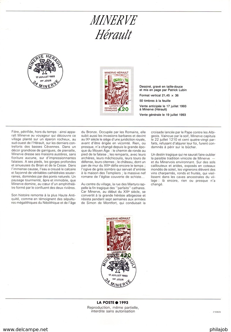 " MINERVE / HERAULT " Sur Document A4 1er Jour De 1993. N° YT 2810. Parfait état. FDC - Non Classés