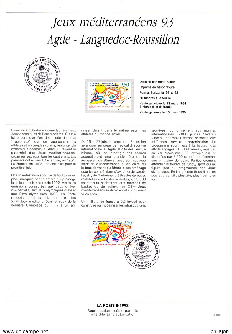 " JEUX MEDITERRANEENS 93 AGDE " Sur Document A4 1er Jour De 1993. N° YT 2795. Parfait état. FDC - Sonstige & Ohne Zuordnung