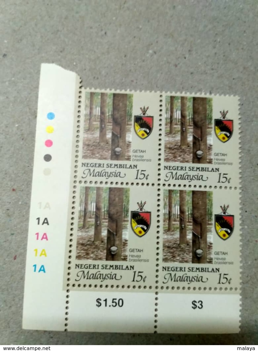 Malaysia 1986 1995  Agricultural Agro Negri Negeri Sembilan Corner Block 4 15c Rubber P12 Wmk Upright Mnh Margin 1A 1A - Malaysia (1964-...)